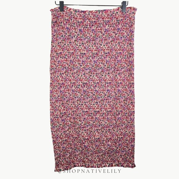 NWT Amour Vert Women's Eunice Smock Floral High Waist Midi Skirt Sz Medium, Pink - Picture 2 of 12